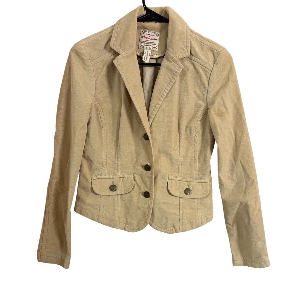Aeropostale Tan Corduroy Blazer Jacket Womens Small Beige‎ 3 Button Stretch
